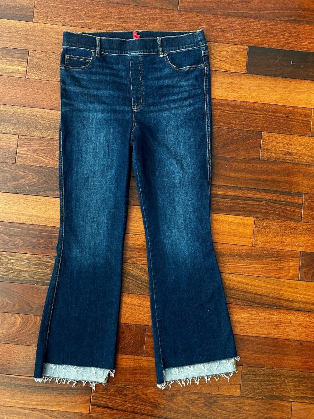 SPANX Dark Wash Pull-On Flare Jeans Raw Frayed Hem Size XL